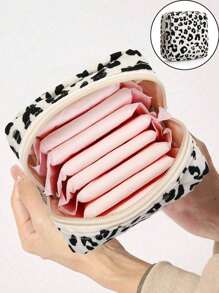 Leopard Print Sanitary Napkin Storage Bag, Minimalist Corduroy Functional Storage Bag Portable Menstrual Cup Bag, Menstrual Pad Bag, Sweet Corduroy Square Makeup Toiletry Storage Bag, Sanitary Napkin Bag, Menstrual Cup Storage Bag, First Menstrual Cycle Bag - Multicolor - View 4