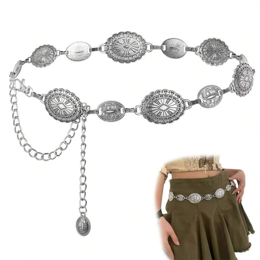 Western Concho Chain Belt For Women Adjustable Metal Waist Chain Belt For Dress Jeans - Bạc - Xem 1