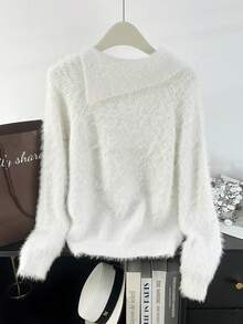 Oblique Button Faux Mink Fur Collar Women's Pullover Sweater, Autumn/Winter Sweater, Back To School Season, Christmas