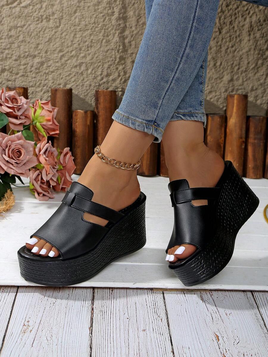 Giày sandal đế xuồng cho nữ, giày thường ngày đế dày mùa hè mới, dép cao gót đa năng - màu đen - Xem 1