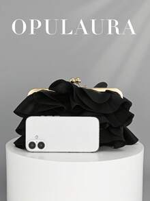 OpulAura 女士优雅迷人花瓣宴会手拿包，褶边设计晚礼服手提包，适合婚礼/度假/正式派对/舞会，配有链式肩带，花瓣形状随机 - 黑色 - 查看 5