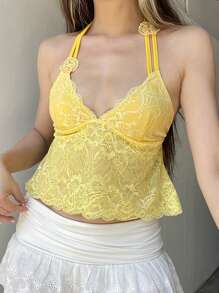 Women's Halter Neck Lace Tops Sleeveless Open Back Slim Fit Flower Cami Tops Summer Shirts