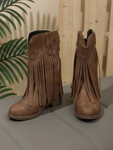 儿童蒙古靴 26 - 36 欧元 | 流苏细节，中筒款式，流苏蒙古靴 | 儿童时尚中筒设计，复古流苏中筒时尚靴 - 駝色 - 查看 7