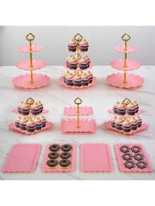 10pcs Cake Rack Set, Including 3 Double Layered Cupcake Racks+3 Triple Layered Cupcake Racks+4 Appetizer Trays, Suitable For Party And Christmas Party Tabletop Decoration, New Year Celebration - Hồng - Xem 1