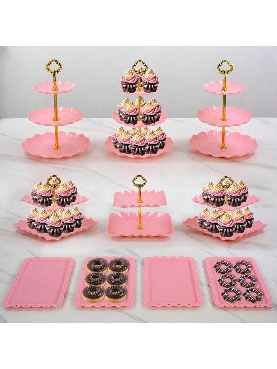 10pcs Cake Rack Set, Including 3 Double Layered Cupcake Racks+3 Triple Layered Cupcake Racks+4 Appetizer Trays, Suitable For Party And Christmas Party Tabletop Decoration, New Year Celebration - Hồng - Xem 1