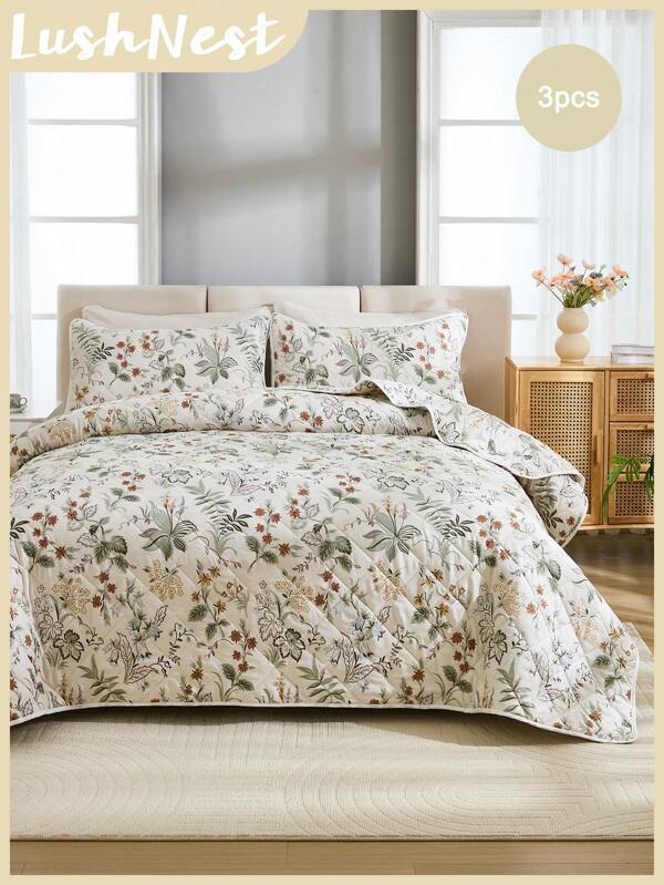 3pcs Floral Printed Bedding Set (1 Bed Cover + 2 Pillowcases, Outer Fabric Only, No Filling), Soft Polyester Fiber, Suitable For Living Room, Bedroom, Master Bedroom, Guest Room, All Seasons, Great Gift Choice