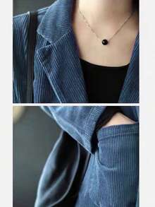 Women's Retro-Style Blue Vertical Stripe Soft Velvet Loose Autumn Suit Jacket With A Single Row Of Buttons, The Fit Is Loose, Please Buy One Size Smaller If You Are Slim, Casual And Versatile