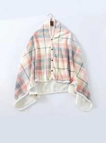1pc Fleece Wearable Blanket, 80x135cm Plaid Lap Blanket, Comfortable Hooded Poncho With Buttons, Suitable For Bed, Sofa, Office, Gray & White Cozy Cloak With Buttons, Fuzzy Sleeveless Blanket, Women Shawl Wrap Suitable For Home, Office, Outdoor, Machine Washable