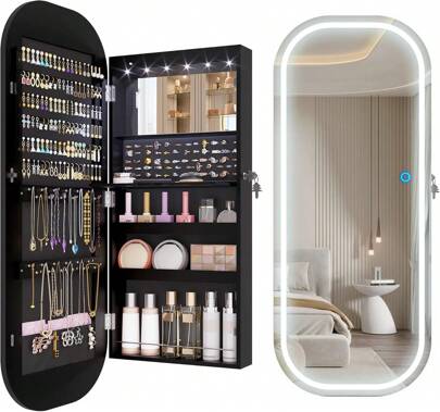16" Wide LED Mirror Jewelry Cabinet, Wall Mount/Over The Door Jewelry Armoire Organizer, Rounded Hanging Full Length Lighted Mirror With Storage, Foldable Shelf, Interior Mirror, Black,10167093