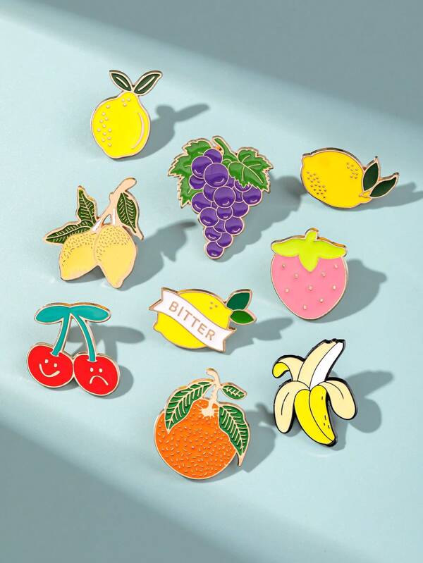 1pc/9pcs Creative Cartoon Fruit Series Brooch, Cute Girly Cartoon Fruit Strawberry Cherry Pear Zinc Alloy Enamel Metal Badge Decoration For Clothes, Bags, Hats