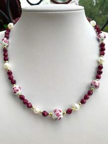 1pc Ceramic Flower & Faux Pearl Beaded Necklace, Bohemian Style Blue Ceramic Necklace, Suitable For Women's Daily Wear, Dates, Parties, Beach Vacations, Gifts