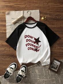 Women's Summer Casual Contrast Color Block Slogan Graphic Short Sleeve T-Shirt