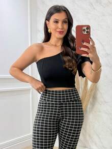 Cropped Off Shoulder Long Sleeve Ruffle Blouse One Sleeve Elegant - Black - View 5