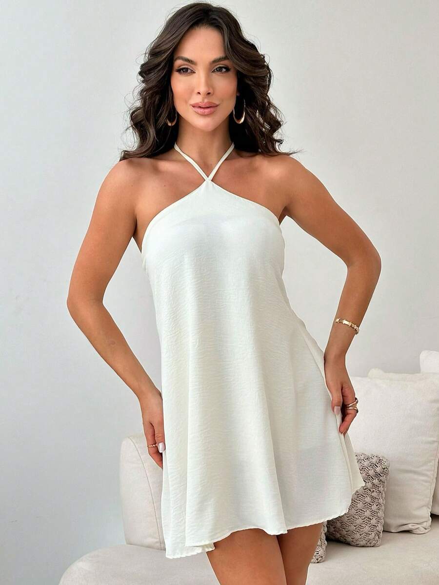Elegant Casual Halter Dress - tắt (trắng) - Xem 1
