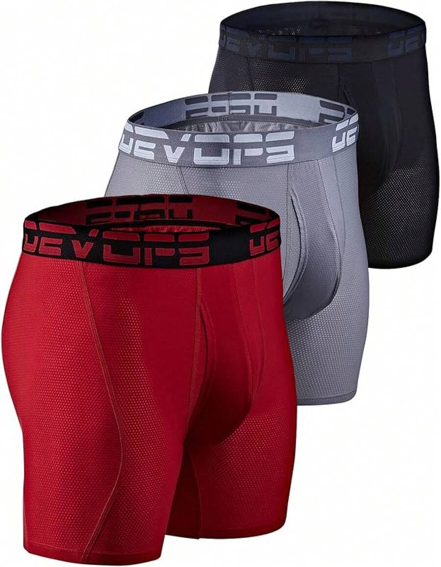 Men's Cool Dry Mesh Boxer Trunks 6-Inch Briefs, 3-Pack - 6吋(黑色/紅色/鋼色) - 查看 1