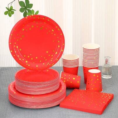 80pcs/Set Halloween Christmas Gold Foil Red Gold Polka Dot Theme Disposable Party Tableware Set, Suitable For Family Gatherings, Birthday Parties, Weddings, Valentine's Day, Mother's Day, Thanksgiving, 9-Inch 7-Inch Disposable Paper Plates, Paper Cups And Napkins