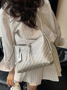 女士 PU 菱形图案单肩包，可调节肩带