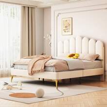 Caluself Cama doble 140 x 200 cm, cama tapizada Bubble Bed con cabecero ajustable, estructura de cama, plataforma con espacio de almacenamiento debajo de la cama, cama juvenil, somier de láminas, terciopelo - Beis - Ver 5