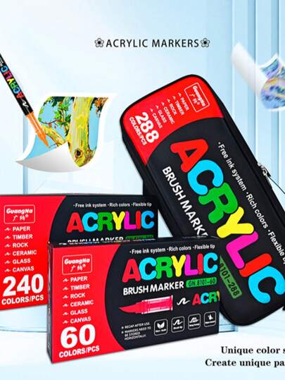 200/168/120/72/60/36/24/12色直液丙烯马克笔，学生用美术专业绘图绘画彩色软头马克笔纸质紧密可堆叠DIY涂鸦涂色书彩色笔可画玻璃石头防水人体彩绘画笔圣诞礼物，返校礼物