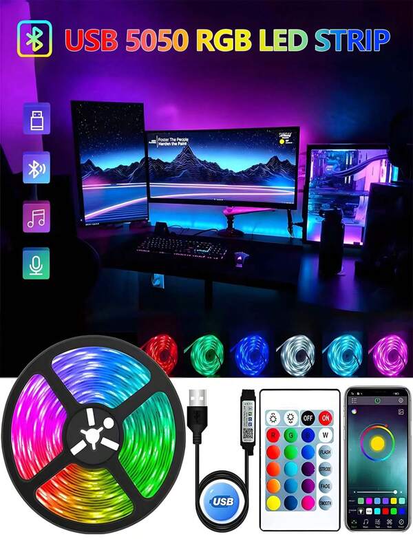 1 pieza Control remoto Bluetooth e infrarrojo de 24 teclas para tira de luz LED, se puede controlar mediante aplicación móvil o control remoto, sincronizar con música para cambiar de color, regulable, función de temporizador, fácil instalación para dormitorio, sala de estar, decoración del hogar, iluminación de fiesta, color y modo ajustable, regalo para cumpleaños, graduación, Navidad, Halloween, Acción de Gracias (color aleatorio para el soporte de la tira de luz)
