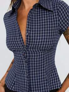 Women Y2K Plaid Summer Short Sleeve Button Up Shirt Collared Slim Fit Casual Blouse Top - 深色水洗藍 - 查看 5