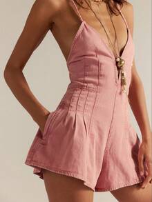 Women Spaghetti Strap Denim Romper Sleeveless V Neck Backless Tie-Up Jean Short Jumpsuits Ruffle Jean Overalls - Pink - View 1