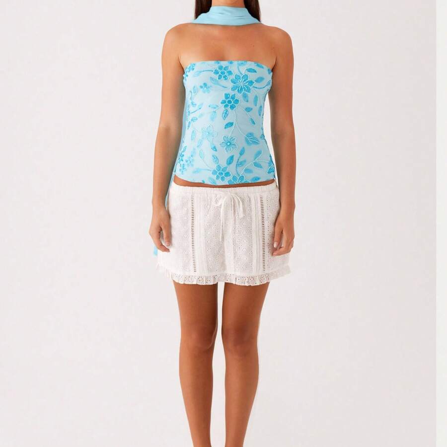 Women Crop Tube Tops And Scarf Summer Sequin Floral Embroidery Bandeau Backless Shirts For Streetwear - 藍色 - 查看 1