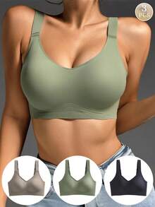 Set de 3 sujetadores deportivos inalámbricos sin costuras para tallas grandes, con efecto minimizador y levantador, con relleno , tallas grandes - Negro+Gris+Verde - Ver 1
