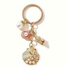 1 pièce Porte-clés style océan doré, pendentif de breloque coquillage, étoile de mer, hippocampe, fausse perle. Accessoire de voiture, de sac, breloque scolaire, fausse perle, gothique mignon Y2K