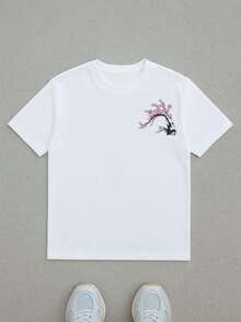 Camiseta de hombre con estampado de flores de cerezo japonés, cuello redondo, 220 g/m², 100% algodón (1 pieza) y estilo casual. - Blanco - Ver 2