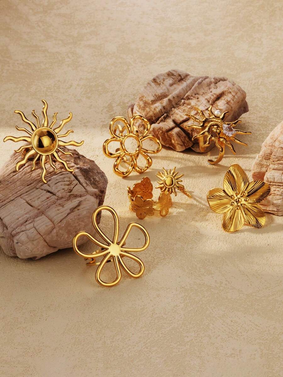 1 Stück Edelstahl Blume Offene Ringe Für Frauen 18K Vergoldet Ring Weibliche Ästhetischen Schmuck Geschenke, Cut Out - Goldgelb - Übersicht 1