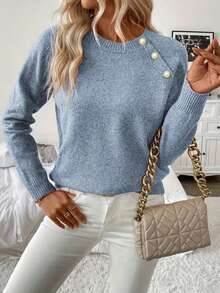 Oblique Button Crew Neck Soft Women Pullover Sweater, Solid Color Ribbed, Suitable For Everyday Wear, Halloween, Christmas, Valentine's Day, Spring/Autumn, Autumn/Winter