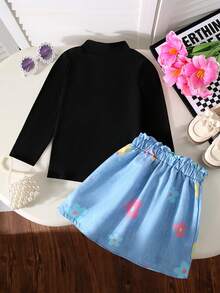 2pcs Girls Embroidered Floral Stand Collar Long Sleeve Top + Floral Print Ruffle Hem Skirt Set, Autumn/Winter - Black - View 2
