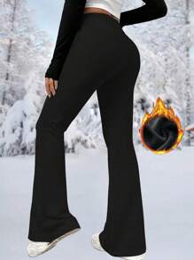 Women's Thermal Fleece Lined High Waist Flare Pants, Winter Fitness Warm Thick Leggings Soft Yoga Pants, Women's Clothing, Women's Winter Clothing