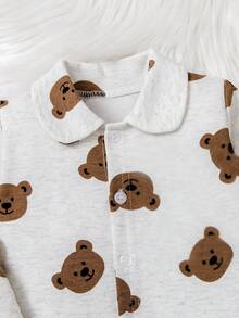 2pcs Kids Boys Cute Bear Allover Print Button-Up Long Sleeve Top And Pants Pajama Set, Comfortable For Everyday Home Wear - White - View 3