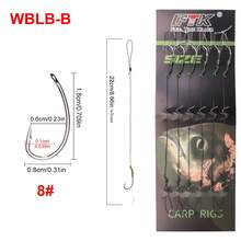 FTK 22cm 6pcs Leader Carp Fishing Hooks Hair Equipment With Line 30-60lb 2/4/6/8 # Europe Feeder Group Carp Hook Accessories