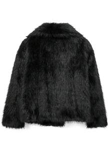 人造皮草外套，女士秋季外套，皮草大衣，女式大衣，白色，黑色，酒红色，灰色，米色，红色外套，皮草上衣，蓬松外套 - 黑色 - 查看 2
