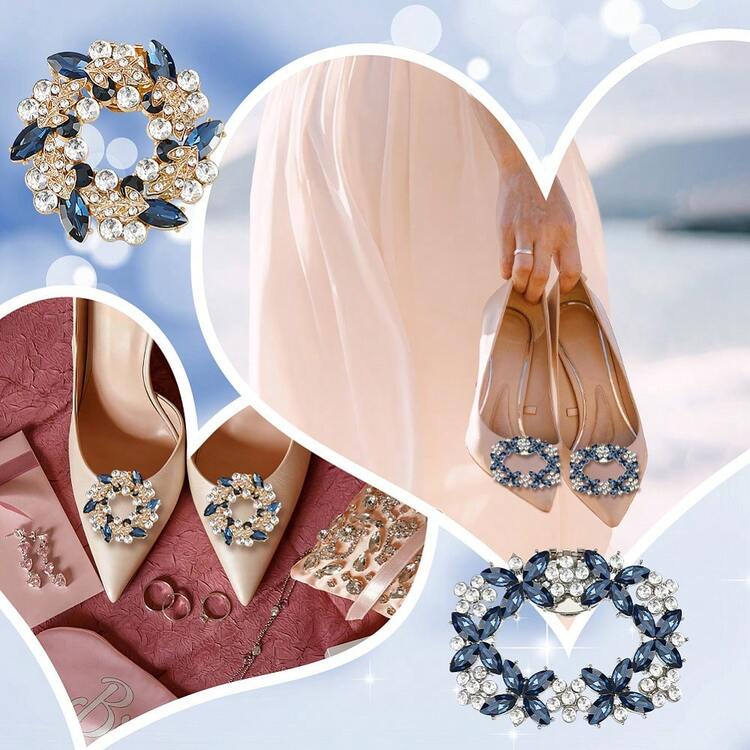 MAGICALCUTDIE 1box 4pcs 2 Styles Flower Brass Rhinestone Shoe Decorations Detachable Shoe Buckle Clips Capri Blue 49~54x56~63x10~14mm 2pcs/Style - Nhiều màu - Xem 6