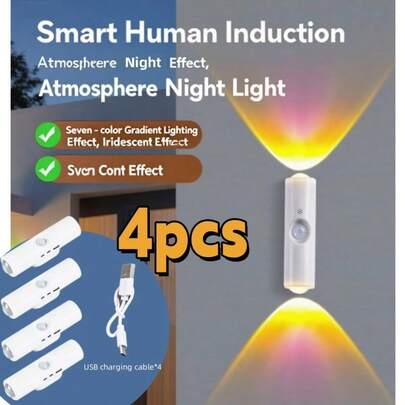 LED Motion Sensor Wall Light Set Of 4,Motion Activated Night Light,LED Lights For Bedroom,RGB Rechargeable Battery Stair Light,For Steps, Bedroom, Hallway, Courtyard, Christmas Decorations