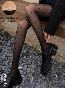 1条80克女士紧身连裤袜，秋冬季高弹力，爱心、波点、蝴蝶结印花，时尚日常穿着，适合万圣节、圣诞节、开学季，温度15-25摄氏度，舒适保暖