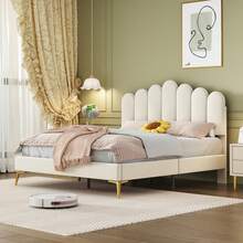 Caluself Cama doble 140 x 200 cm, cama tapizada Bubble Bed con cabecero ajustable, estructura de cama, plataforma con espacio de almacenamiento debajo de la cama, cama juvenil, somier de láminas, terciopelo - Beis - Ver 6