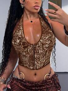 Apperloth A Top corset con escote en V, impresión de leopardo, ojales, cordones delanteros y parte posterior para fiestas, diseño retro Y2K