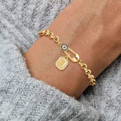 1pc New Fashion Square Letter Eye Stainless Steel Chain Bracelet, Women