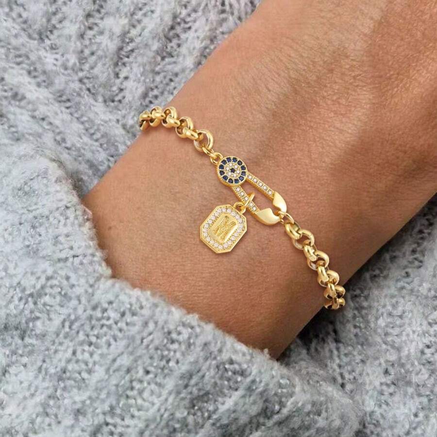 1pc New Fashion Square Letter Eye Stainless Steel Chain Bracelet, Women - Gold Micro-inlaid Square Letters - View 1