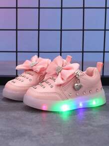MGO Kidss MGO Kids 2025春秋新款蝴蝶结水钻闪粉发光公主鞋平底学生鞋1-6岁儿童休闲鞋运动鞋发光鞋
