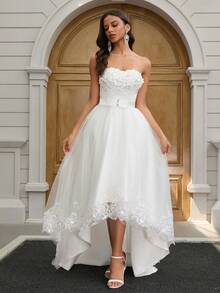 YUMIBRAVO Romantic Appliques High Low Hem Flattering Elegant Wedding Dress White Elegant Bridal Dresses For Summer Wedding Party, White Dress Women Ball Gown