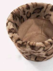 1pc Faux Fox Fur & Faux Mink Blend Thick Bucket Hat, Fashionable & Versatile High-End Gift Cap - Leopard Print Coffee Color - View 2