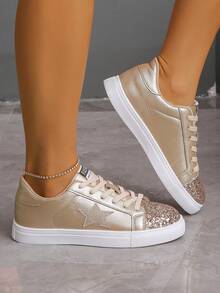 1 Pair Women's Casual Sneakers, Thick Sole Color Block Fashion Skateboard Shoes, Lightweight Comfortable Minimalist Design Casual White Shoes, Autumn/Winter,Trainers Women - Gold - View 9