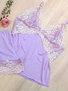 Baby Doll Microfiber Lace Two-Tone Comfort Without Padded Lined Pajamas-539 - Màu tím hoa cà - Xem 1