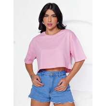 Women's Basic Cropped T-Shirt In Plain Cotton Knit - 粉色 - 查看 2